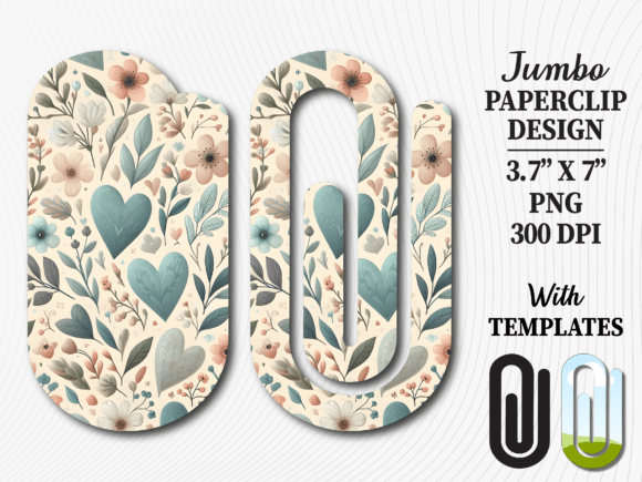 Sage Green Floral Heart Jumbo Paperclip: Graphics for Crafts